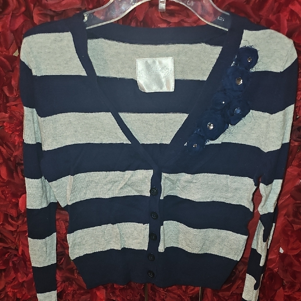 Justice Girls Striped Navy and Gray Buttin Vneck Sweater With Flowers Size 14